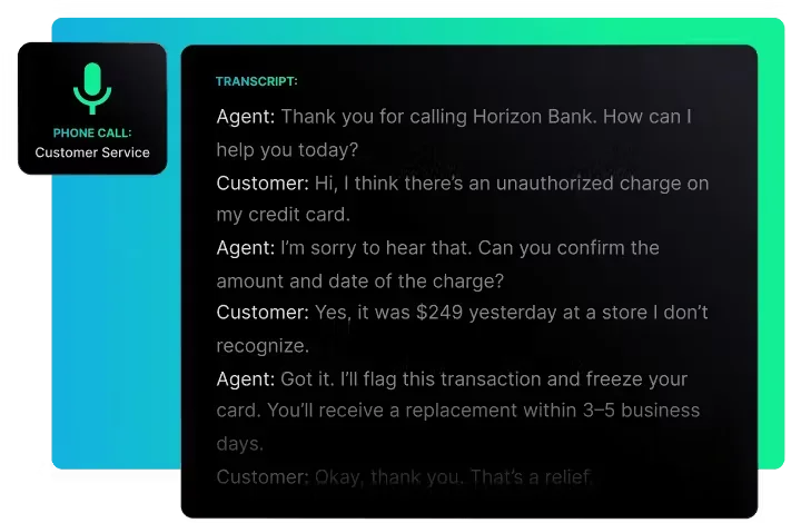 Deepgram workspace UI showing a real-time customer service phone call transcript with a dark-mode interface