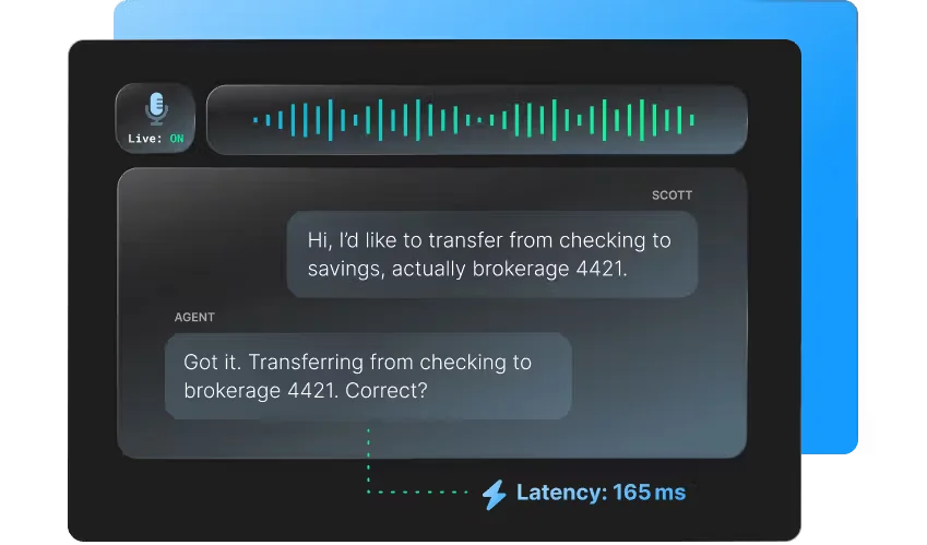 Deepgram real-time speech-to-text UI showing a live conversation, speaker identification, and low latency on a dark-mode interface.