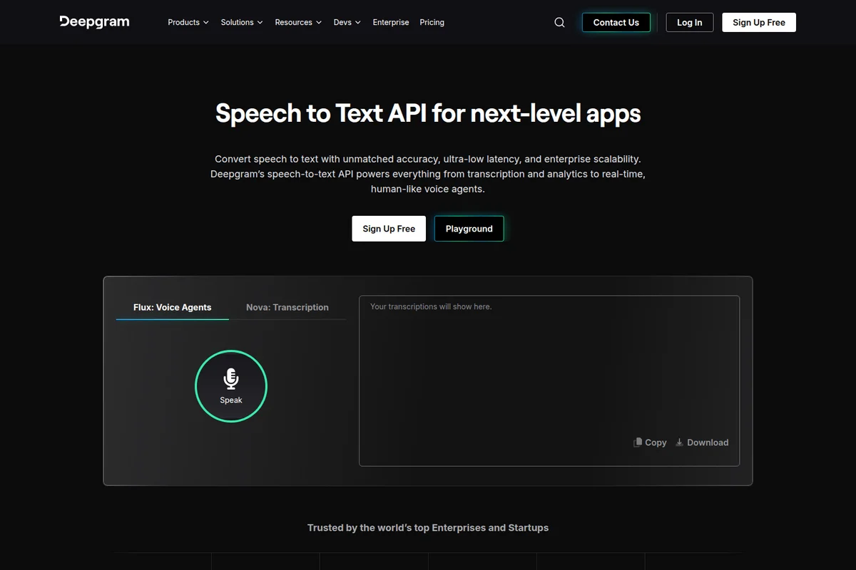 Deepgram speech-to-text playground showing real-time transcription functionality with a dark-mode interactive interface.
