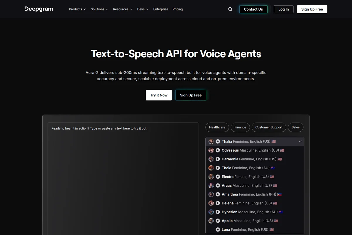 Deepgram Text-to-Speech API demo showcasing voice selection and text input with a dark-themed interface