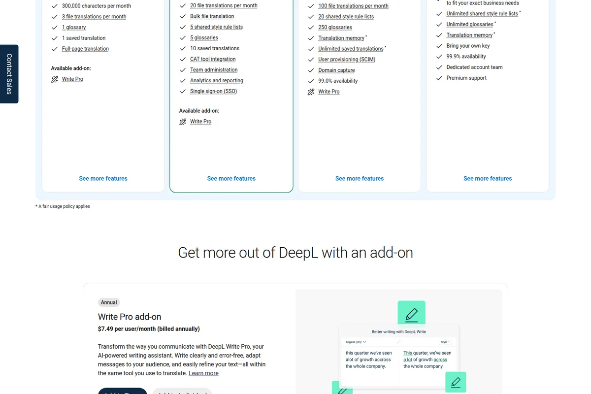 DeepL Pro page showing various subscription plan features and a demonstration of the DeepL Write Pro add-on's text correction in a clean interface.