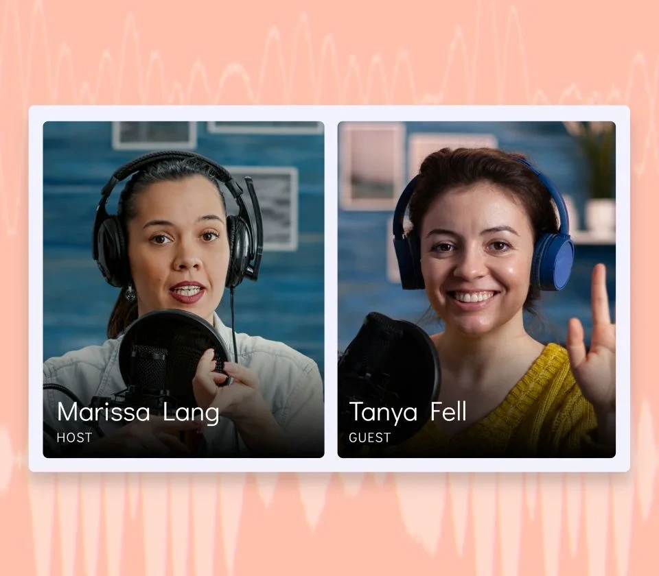 Descript recording workspace showing a host and guest actively recording a podcast with a clean interface.