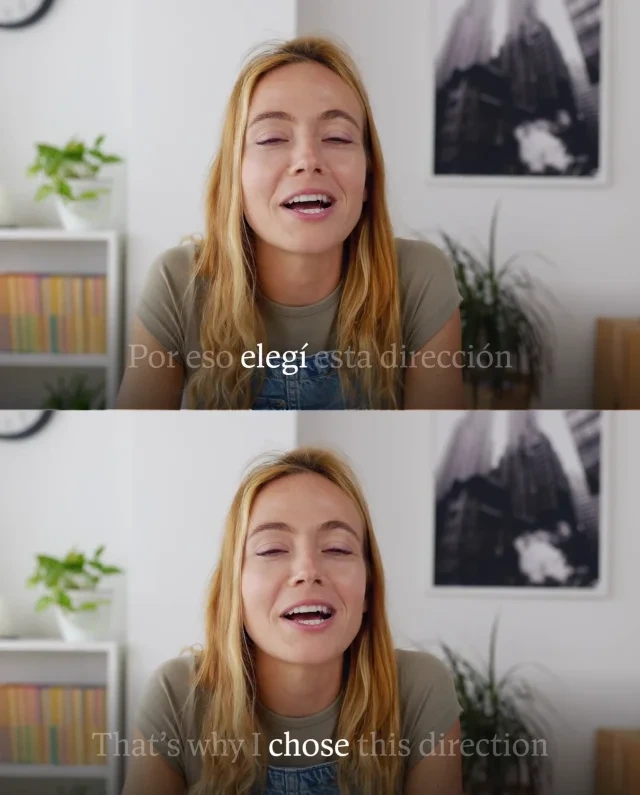 Descript video output showing a woman speaking with Spanish and English subtitles highlighted for editing.