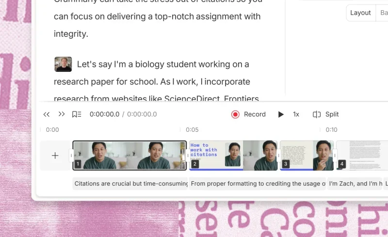 Descript video editor workspace showing text-based editing of a research paper video with a timeline of clips in a clean, modern interface.