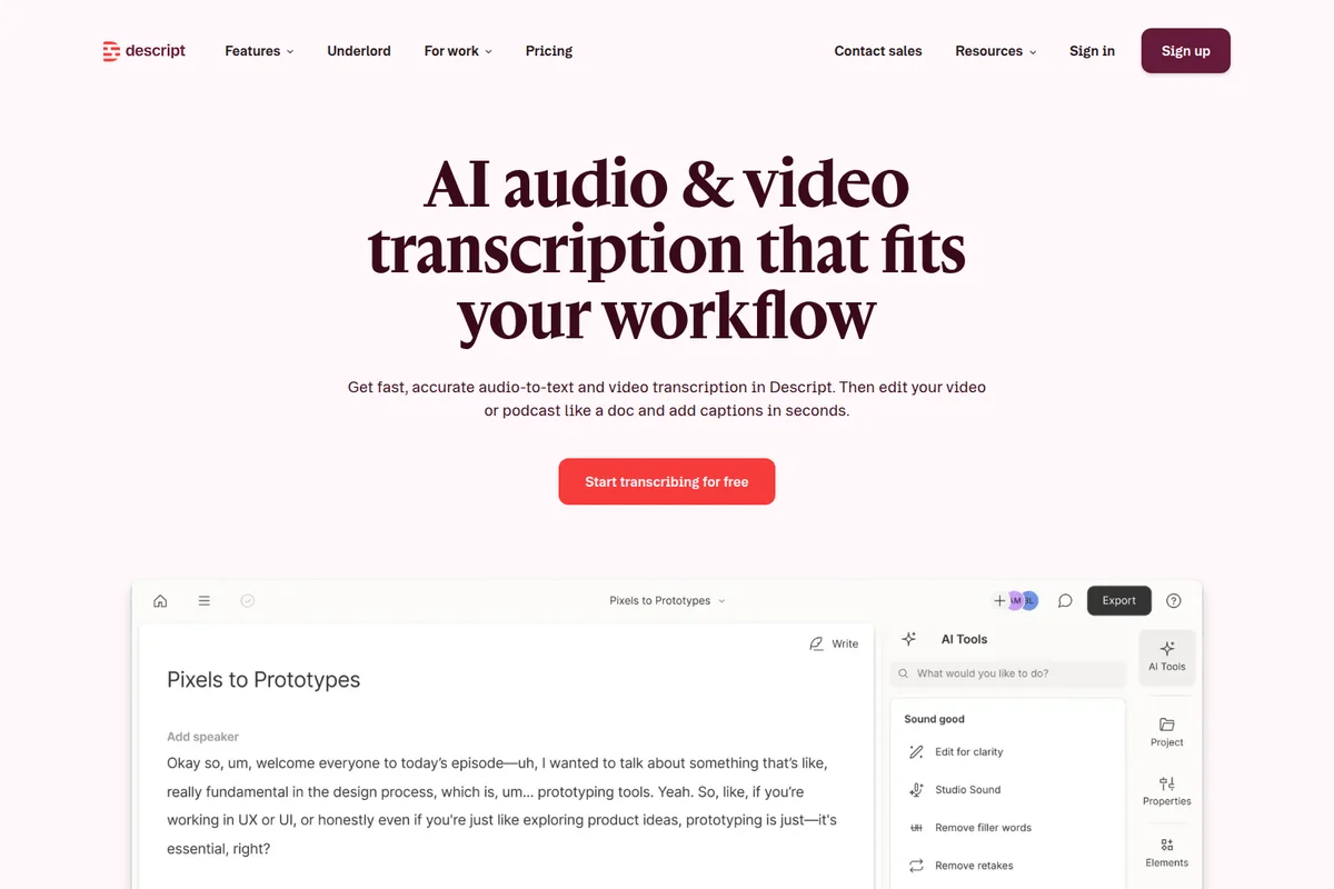 Descript's transcription page showing AI audio and video transcription with an in-app editing workspace.