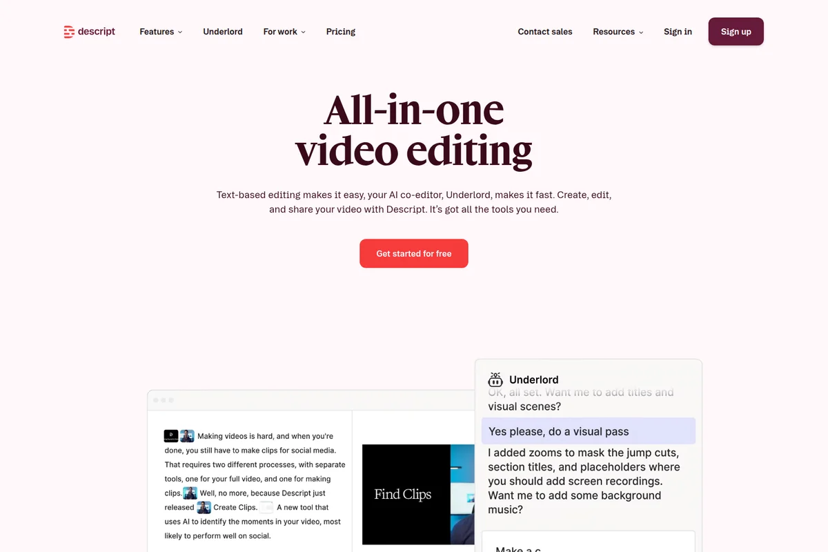 Descript video editing page showing text-based editing workflow and AI co-editor suggestions in a clean modern interface.