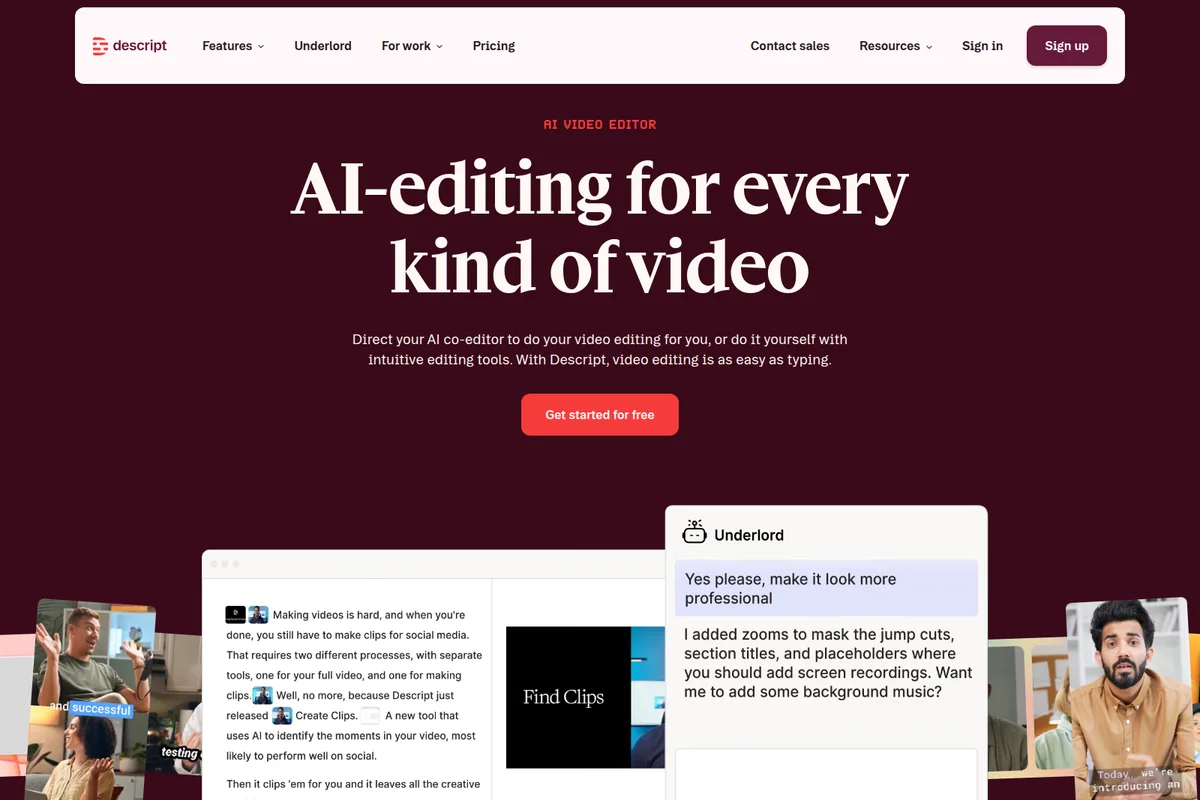 Descript workspace UI showing AI video editing features, including a text-based editor and an AI assistant chat, on a dark-themed page.