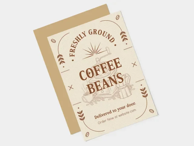 Design-com output sample showing a vintage-style coffee bean advertisement postcard with hand-drawn illustrations and warm earthy tones.