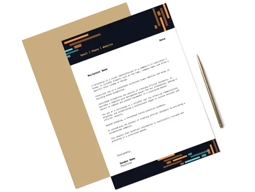 design-com output sample showing a modern letterhead design with a dark header and abstract patterns.