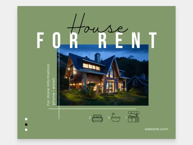 design-com output sample showing a modern house for rent advertisement design with a clean layout and green background.