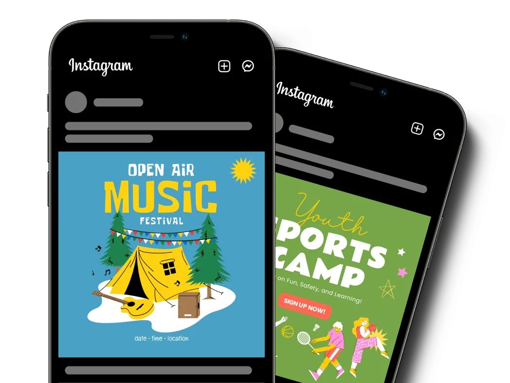 design-com social media ad examples showing vibrant illustrated event promotions within a mobile Instagram feed interface.