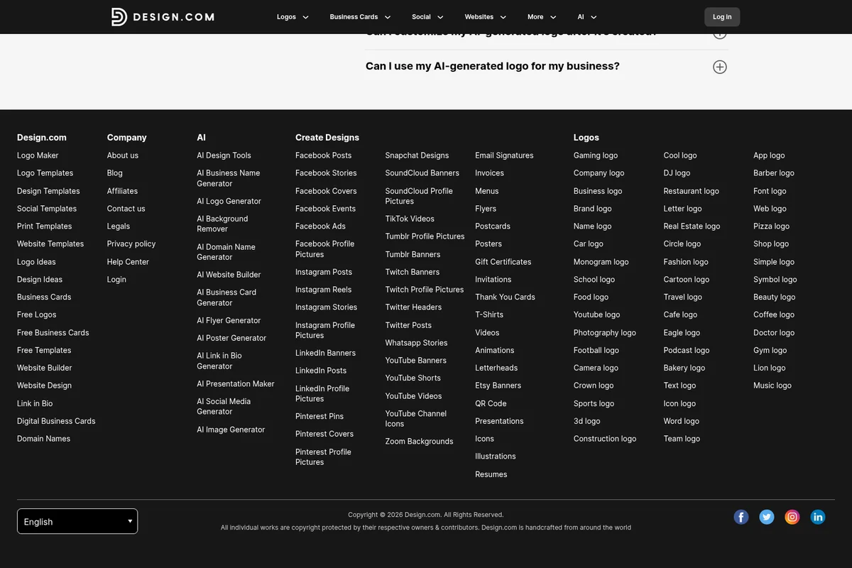 Design.com FAQ page showing a question about using AI-generated logos for business, with comprehensive site navigation.