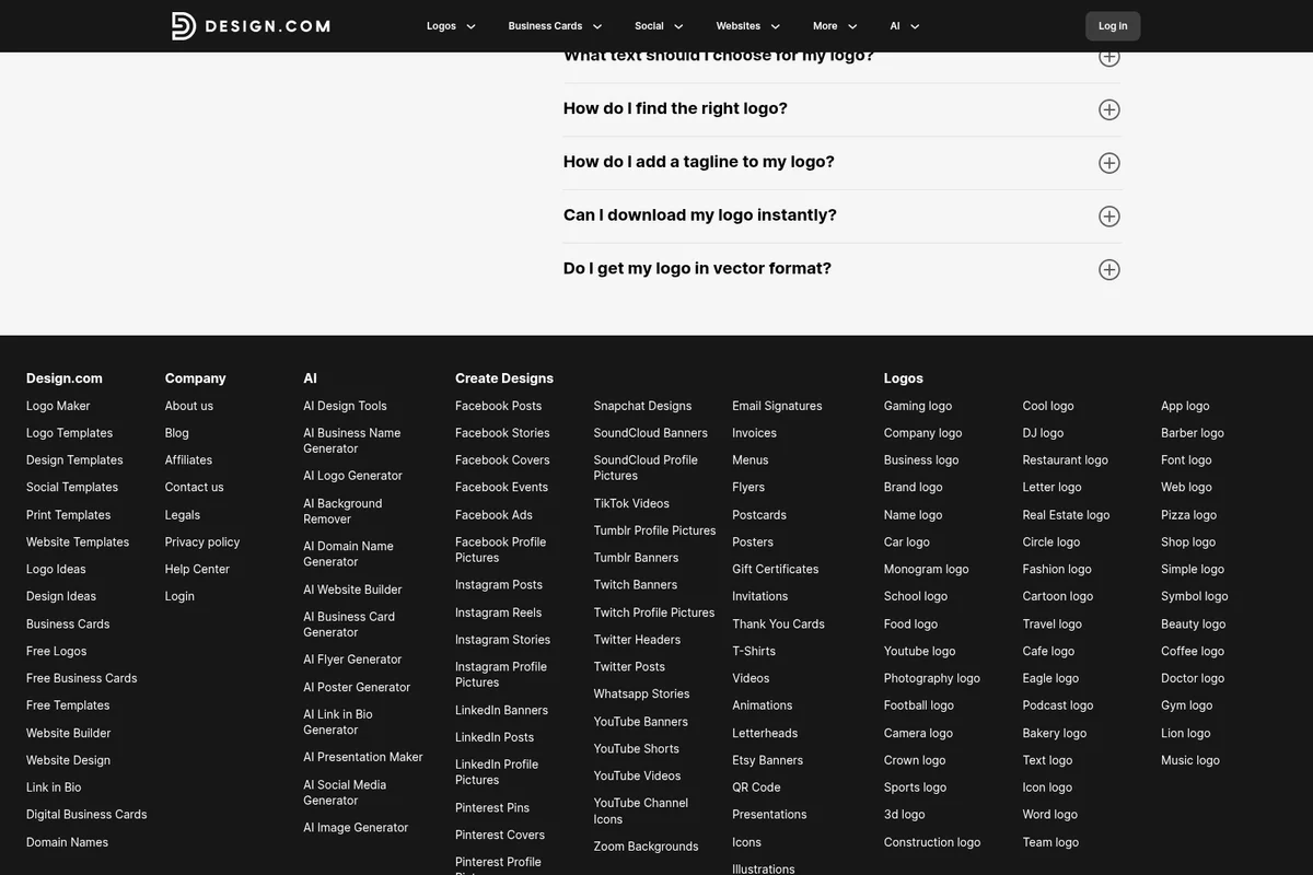 Design.com FAQ page showing common questions about logo creation and extensive website navigation in a clean, professional interface.