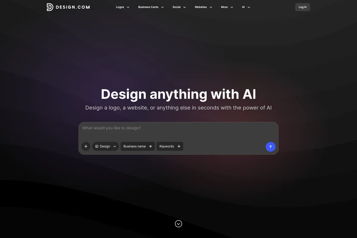 Design.com AI design workspace showing prompt input for design type, business name, and keywords in a modern dark theme.