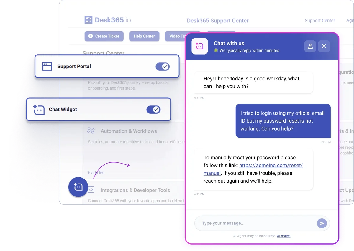 Desk365 support portal settings with a live chat widget showing an AI agent providing a password reset link in a clean, modern interface.