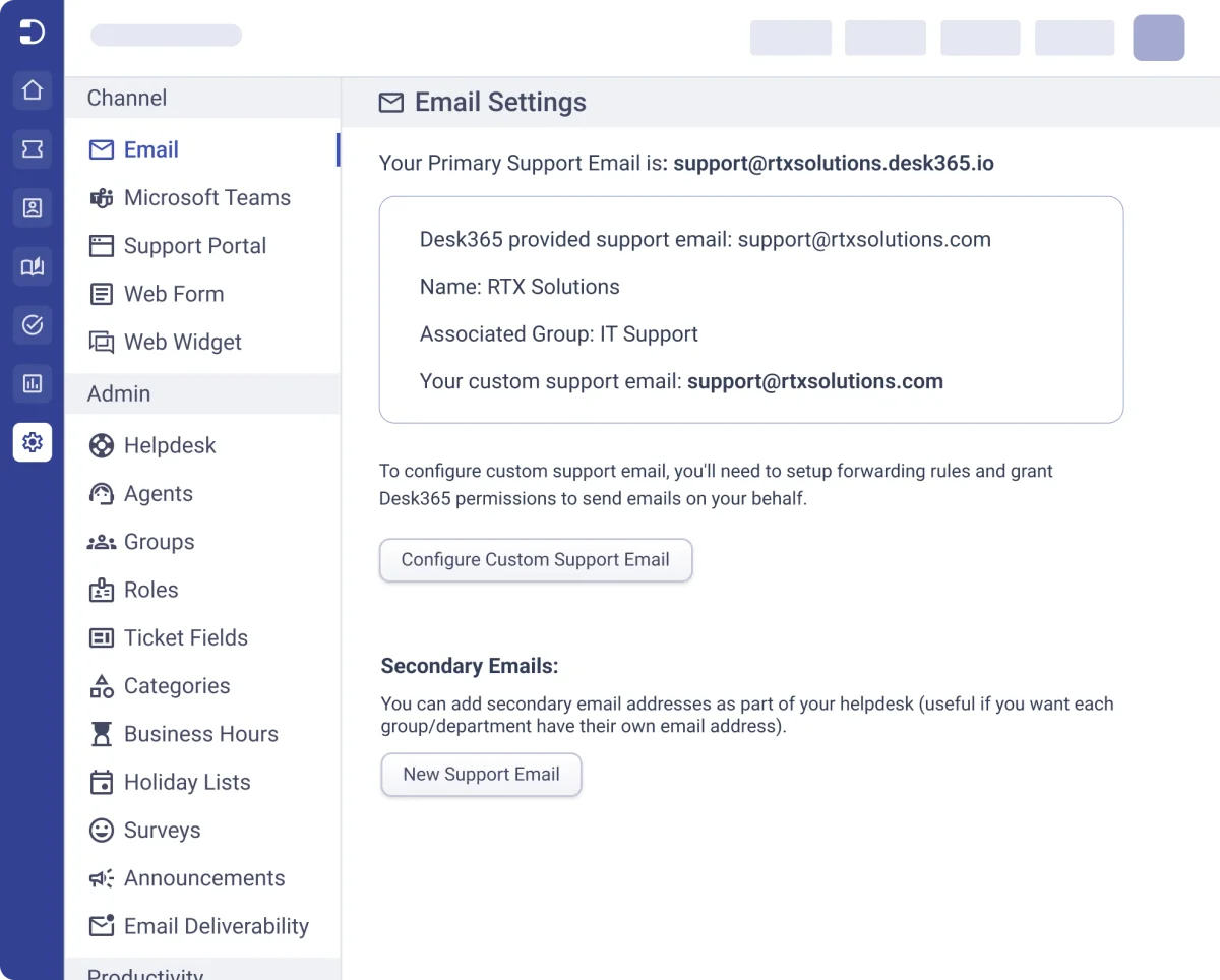 Desk365 email settings panel showing primary and custom support email configuration with a clean administrative interface.