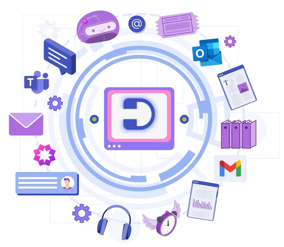 desk365 ecosystem graphic illustrating core helpdesk functions and integrations with a modern, isometric design