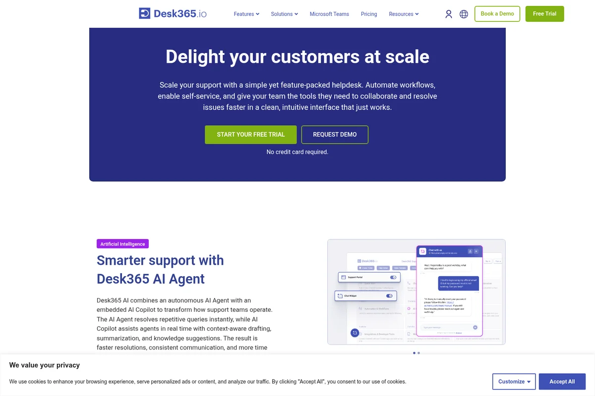 Desk365 AI Agent feature showing a customer support chat interface and backend settings with a clean, modern design.