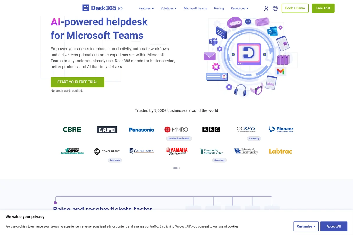 Desk365 landing page hero section showing AI-powered helpdesk integration with Microsoft Teams and other productivity apps.