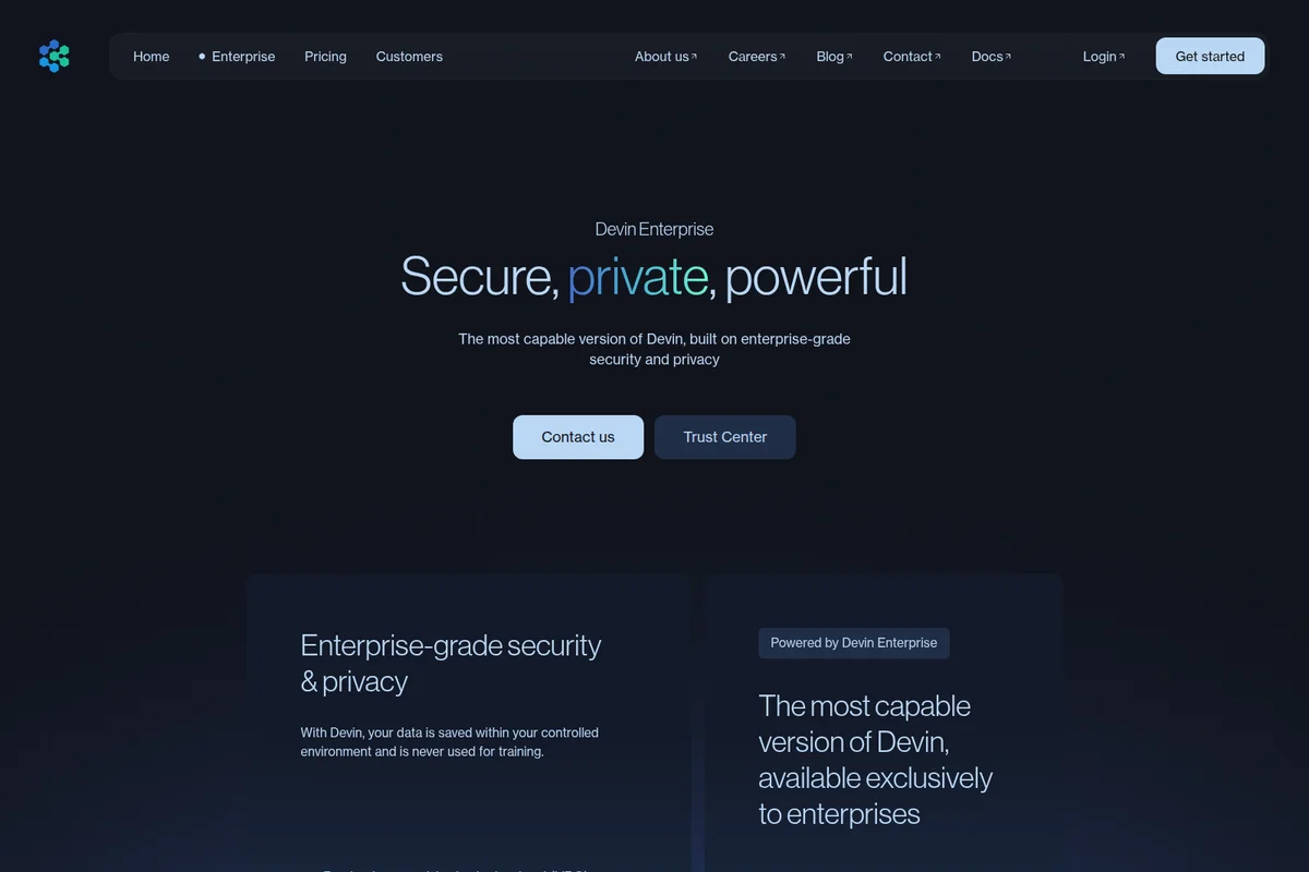 Devin Enterprise landing page highlighting secure, private, powerful features with a modern dark-mode interface.