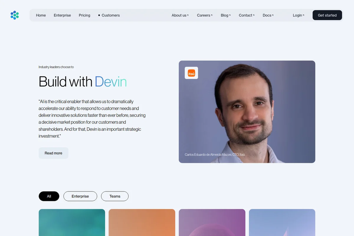 Devin customers page showing a testimonial from Carlos Eduardo de Almeida Mazzei, CTO, Itaú, on a clean light-themed interface with navigation elements.