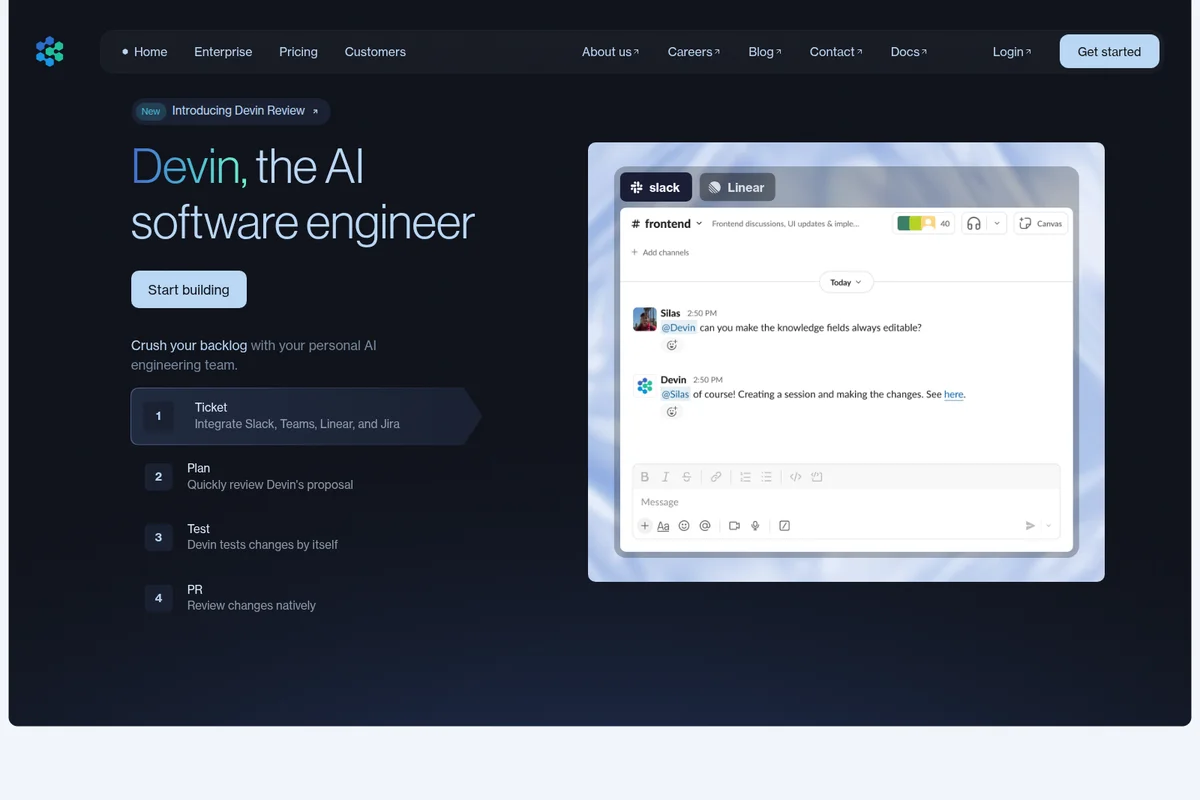 Devin workspace UI demonstrating AI software engineer interaction in a Slack-like chat alongside a 4-step workflow in a dark-mode interface.