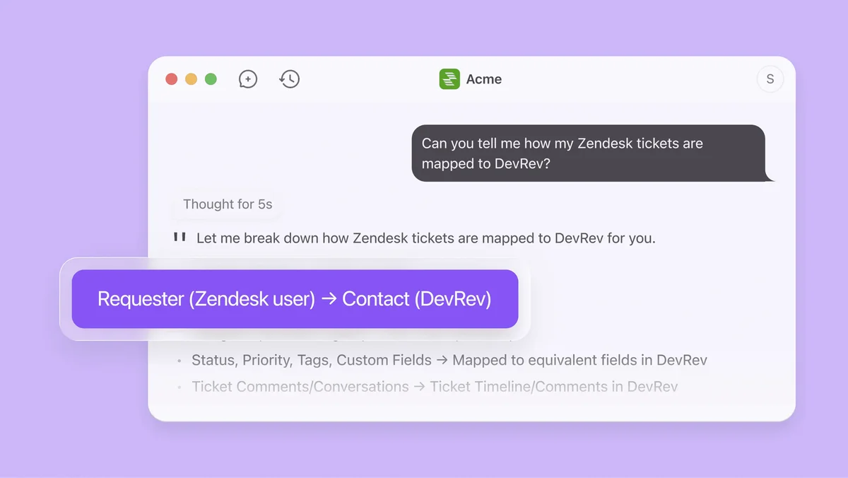DevRev AI assistant showing Zendesk ticket mapping to DevRev fields with a highlighted contact mapping in a clean chat interface.