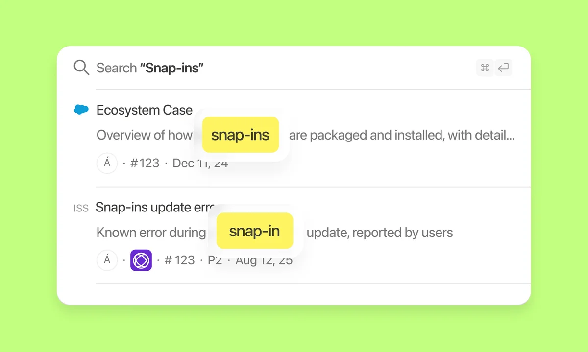 DevRev workspace UI showing search results for 'Snap-ins', with the search terms highlighted in a clean, modern interface.