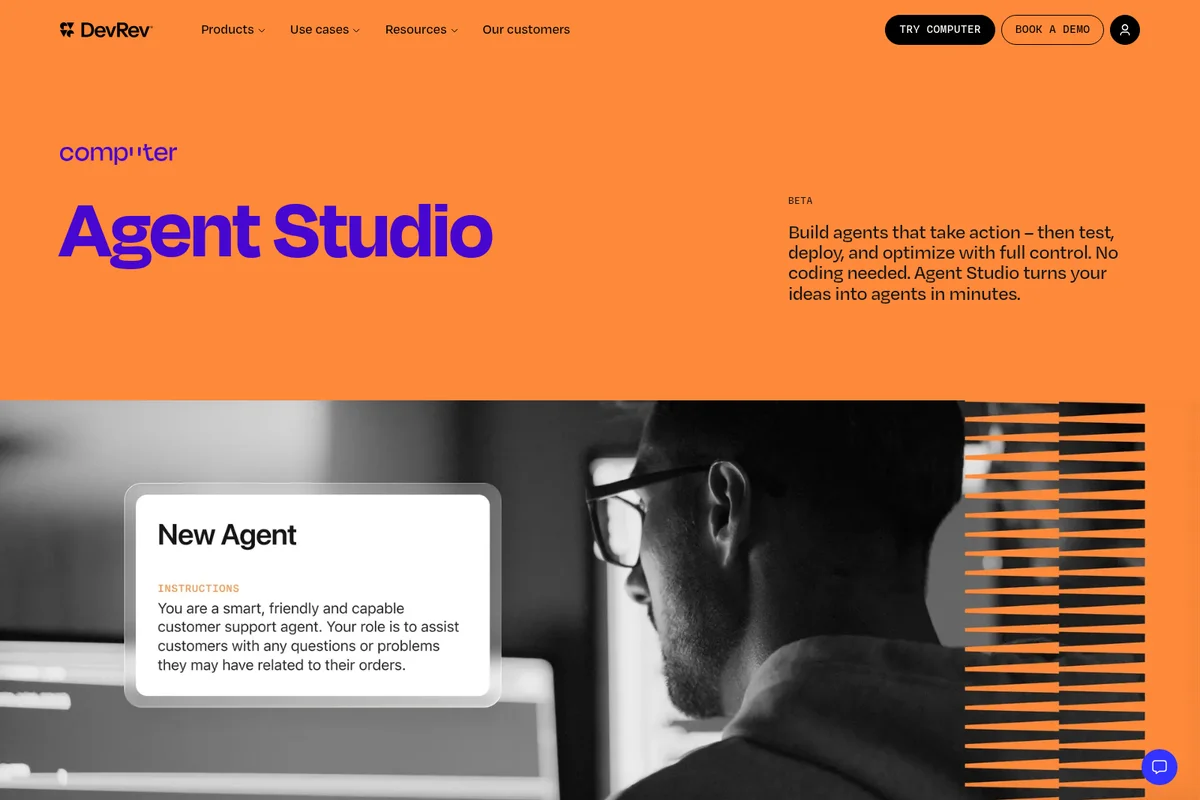 DevRev Agent Studio landing page showcasing the 'New Agent' creation interface with a user and a modern, high-contrast design.