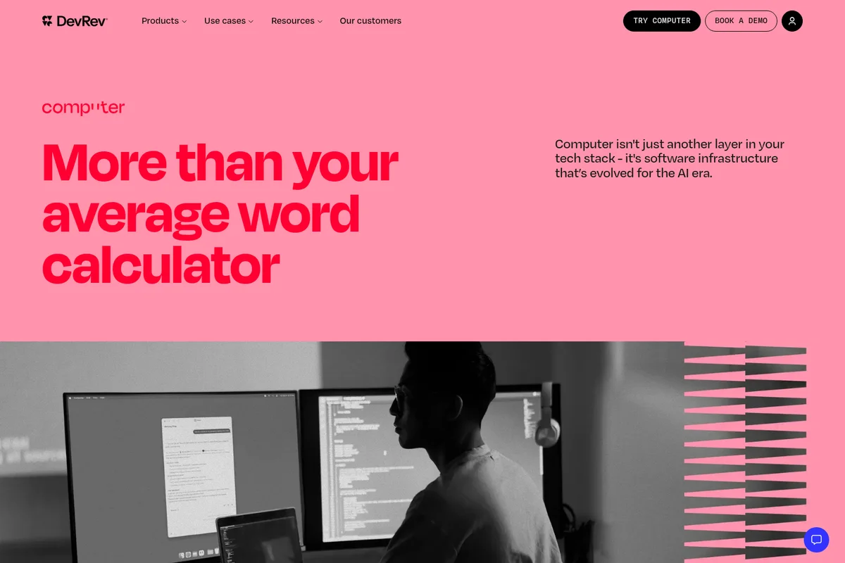 DevRev 'Computer' product landing page, featuring a bold pink hero section and a developer using multiple monitors with software UIs.