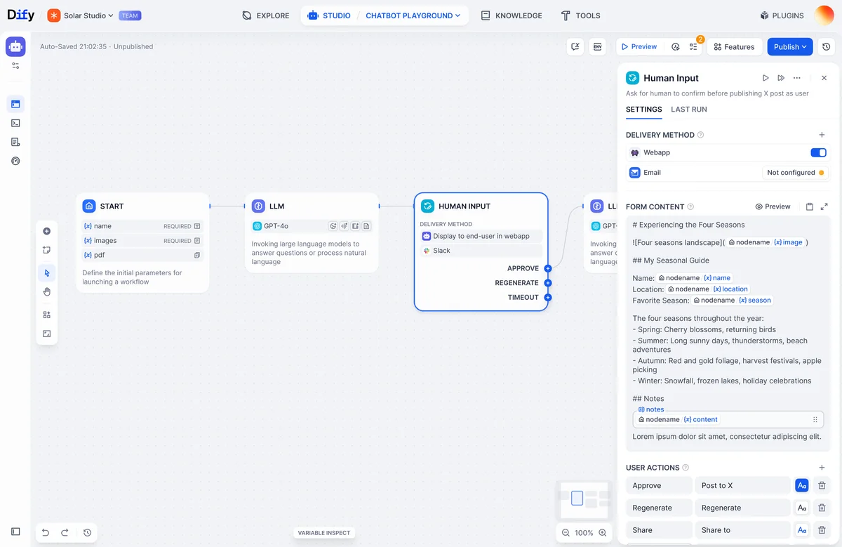 Dify Studio workspace showing a visual AI workflow editor with 'START', 'LLM', and 'HUMAN INPUT' nodes, actively configuring a human review step with content templating.
