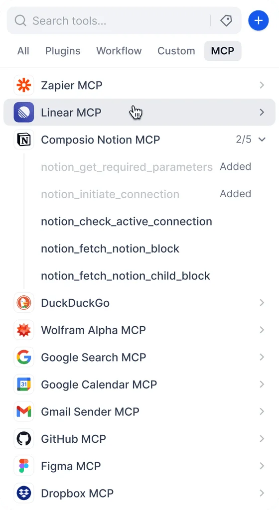 Dify integration panel showing a list of available Micro-Capability Plugins including Zapier, Linear, and Notion with a clean light-mode interface.