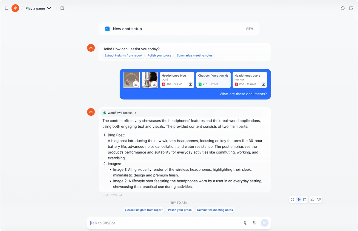 Dify workspace showing a chat interface processing uploaded documents and generating a workflow process summary with a clean, minimalist design.