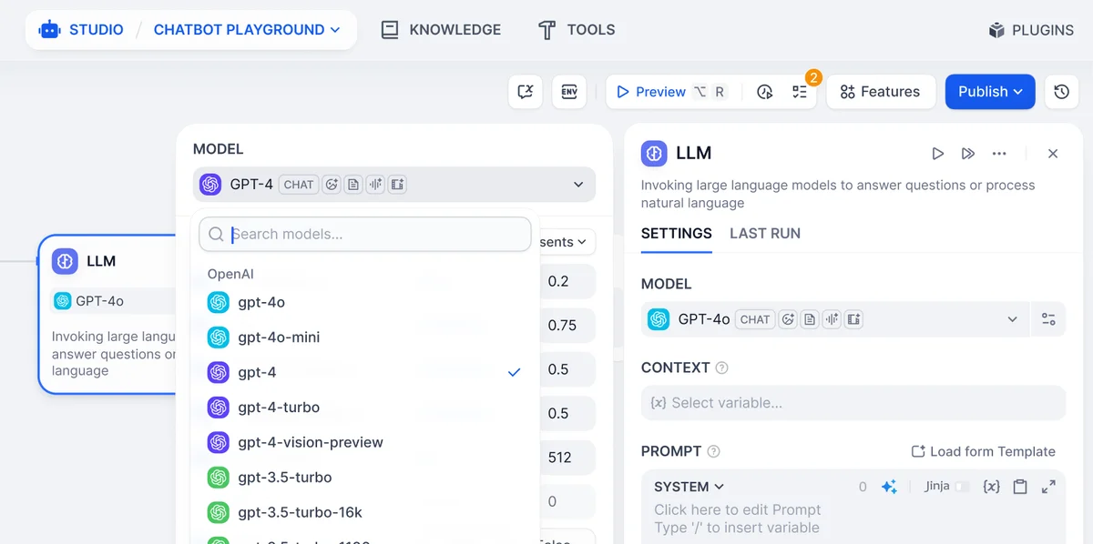 Dify Chatbot Playground showing LLM model selection and settings in a clean, modern interface.