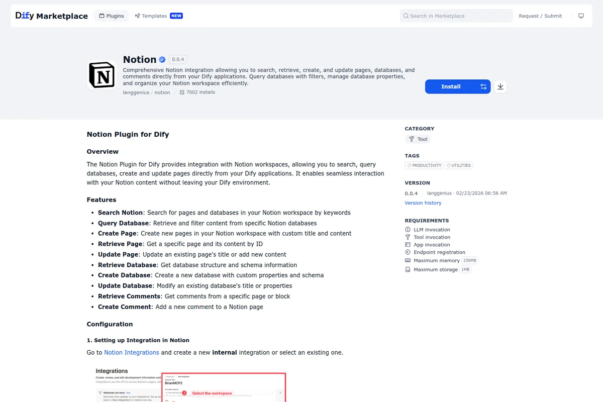 Dify Marketplace Notion Plugin listing showing overview, features, requirements, and configuration in a clean light-theme interface.