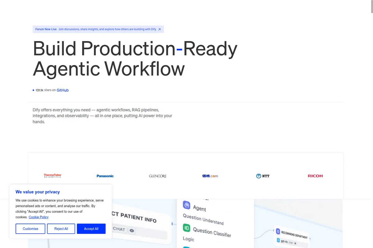Dify homepage featuring a large headline and a cookie consent banner obstructing the lower left of the page.