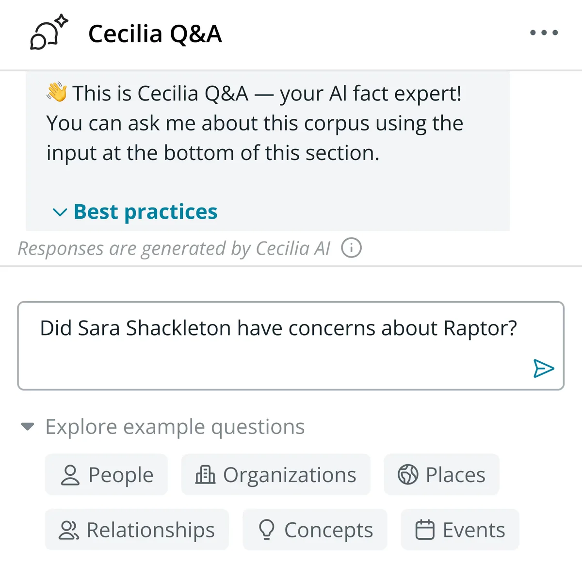 Disco AI Q&A interface showing a user typing a question about Sara Shackleton's concerns regarding Raptor in a clean, conversational design.
