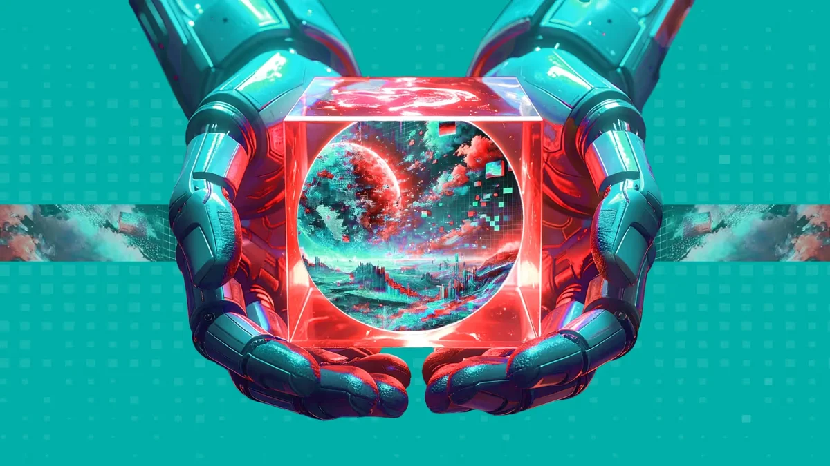 disco AI creative platform concept showing robotic hands holding a holographic cube with a vibrant digital world inside, featuring a futuristic aesthetic.