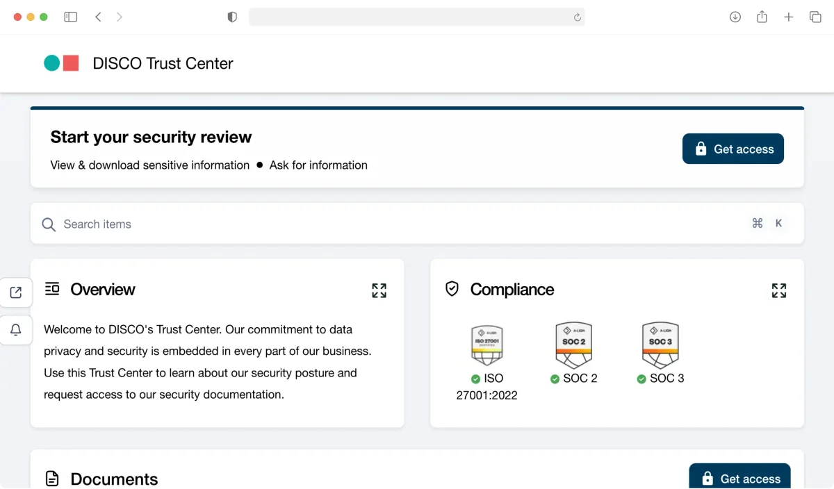 DISCO Trust Center UI showing security review options and compliance certifications with a clean, modern interface.
