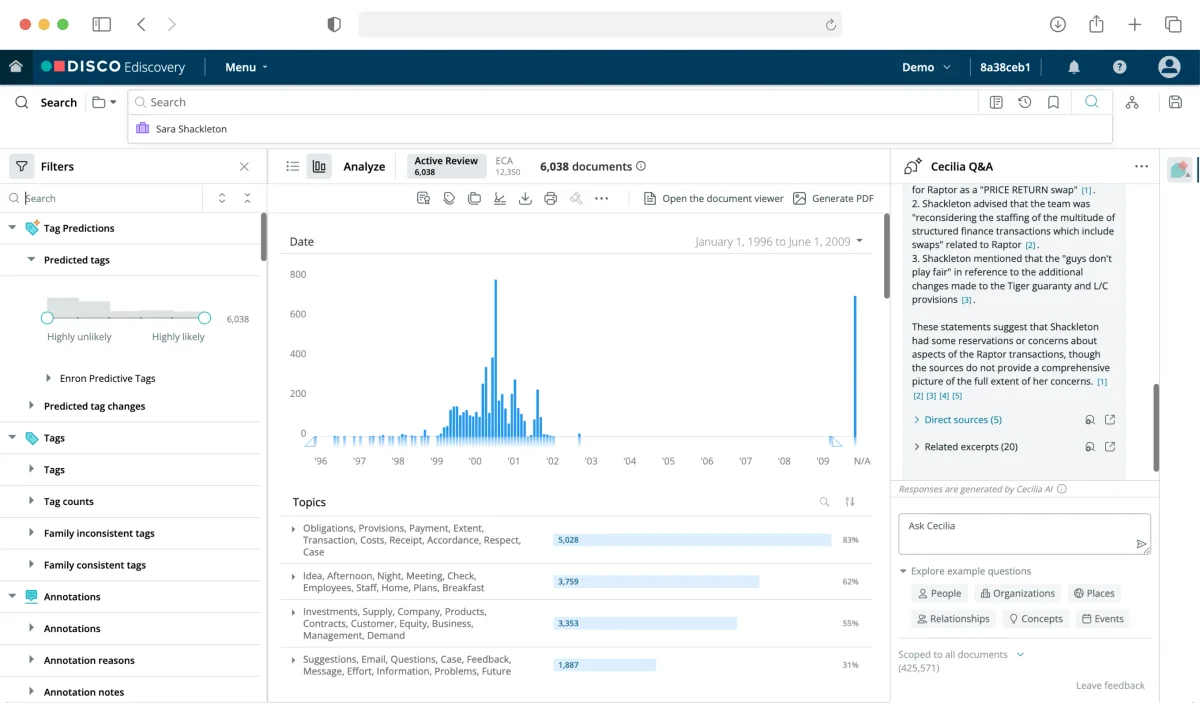 DISCO Ediscovery workspace UI showing document analysis and AI-powered Q&A with a clean, light-themed interface.