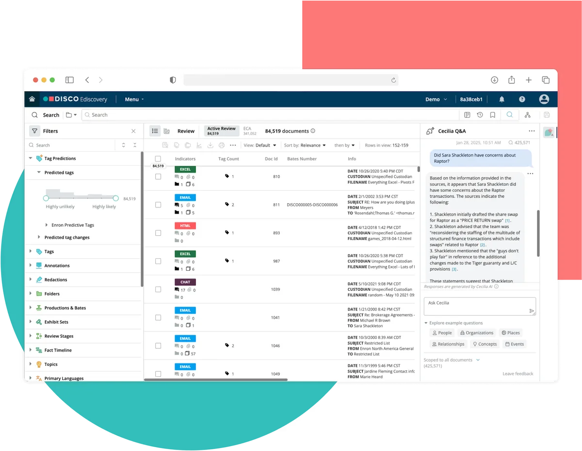 DISCO Ediscovery workspace showing AI-powered document review with filtering, search results, and a Q&A assistant in a clean interface.