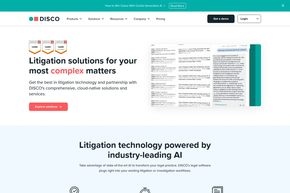 DISCO homepage hero section showcasing AI-powered legal analysis with a chat interface and document review in a clean, modern style.