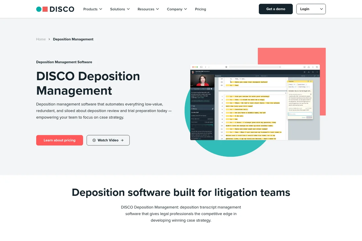 DISCO Deposition Management workspace showing a video call, highlighted legal transcript, and note-taking interface with a clean aesthetic.