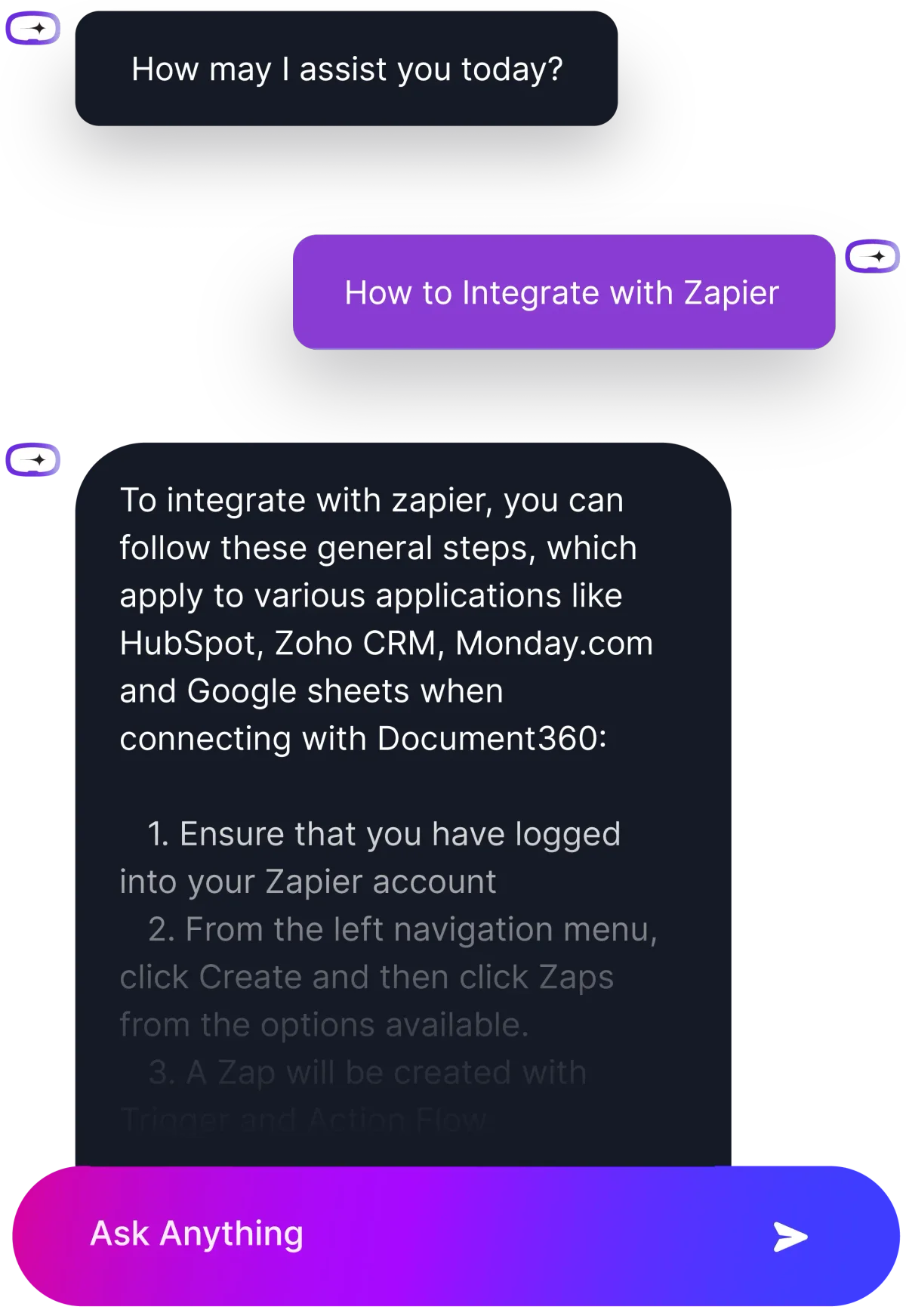 Document360 AI assistant chat showing steps for Zapier integration in a dark theme.