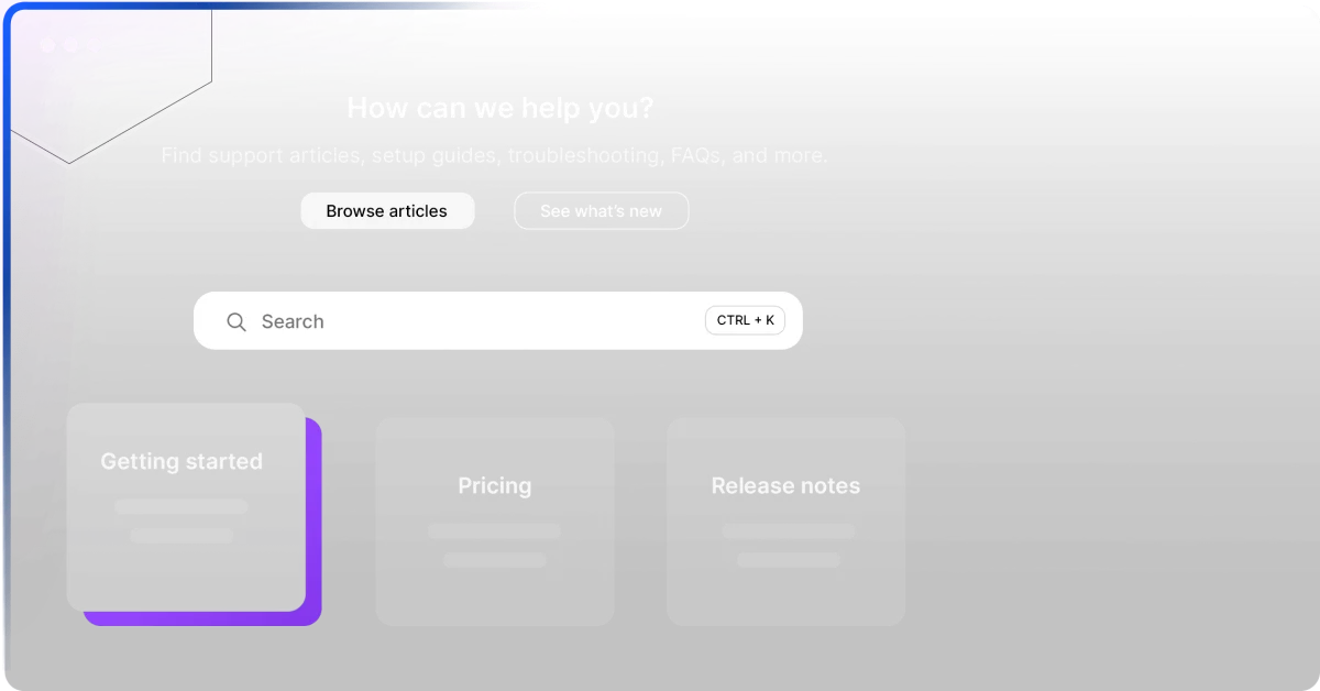 Document360 help center showing search functionality and category cards with a modern dark-mode interface.