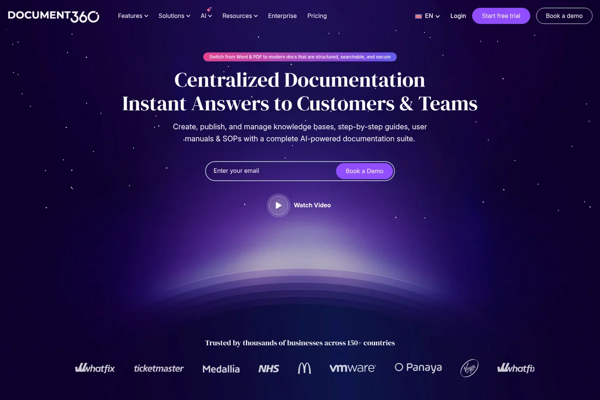 Document360 homepage hero displaying centralized documentation value proposition with a dark, cosmic-themed interface.