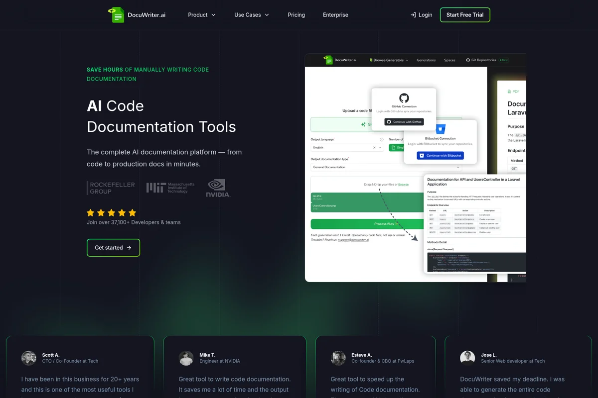 DocuWriter.ai homepage hero section showcasing AI code documentation generation workflow with a dark-themed interface.