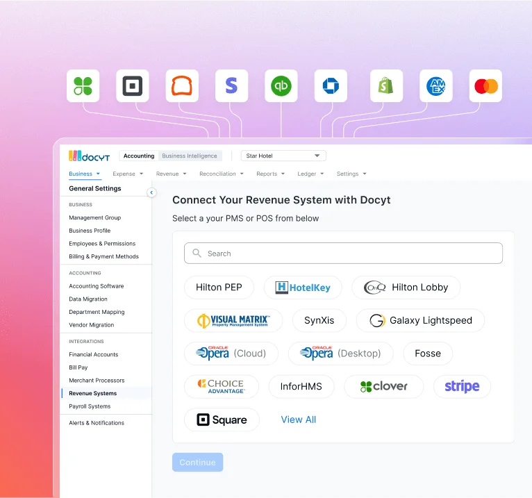 Docyt integration panel showing various revenue system and PMS/POS integrations including Hilton, Oracle Opera, Stripe, and Square in a clean interface.