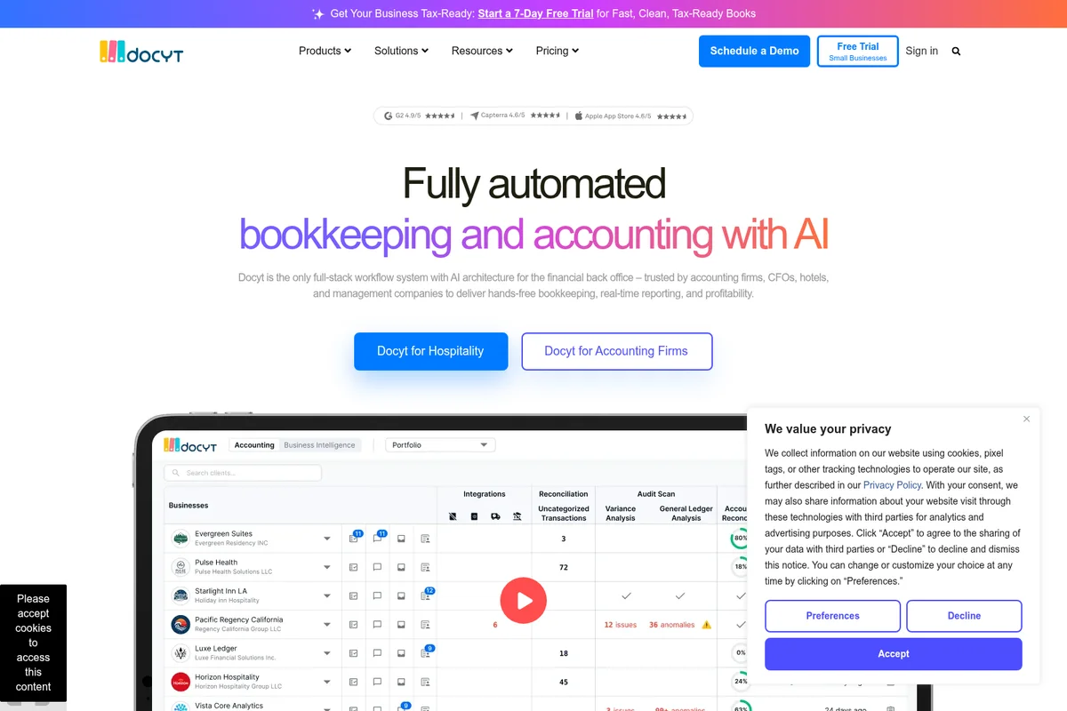 Docyt homepage hero section showing fully automated bookkeeping and accounting with AI, featuring a client dashboard.
