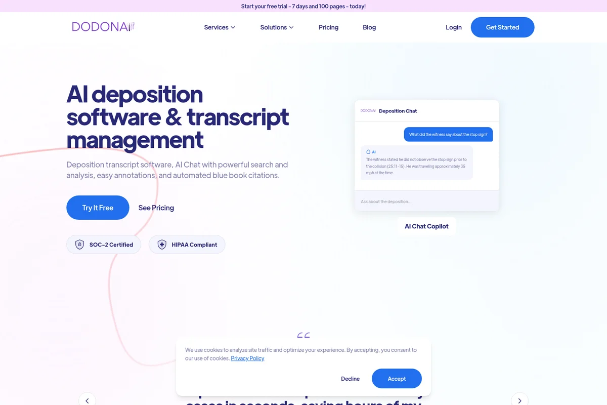 Dodonai AI deposition software landing page hero showing a Deposition Chat UI and core features with a clean, modern design.